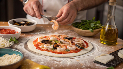 Chef adding seafood ingredients to a pizza, preparing a fresh seafood pizza in the kitchen.