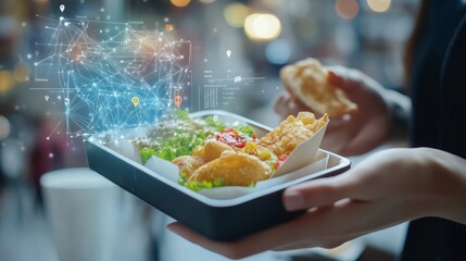 An AI powered food delivery optimization system, calculating the most efficient routes and predicting customer demand in real-time, Food tech style