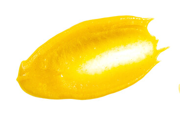 Yellow mustard sauce isolated on white. Fresh honey Mustard spread  stain Top view. Flat lay. Package design element..