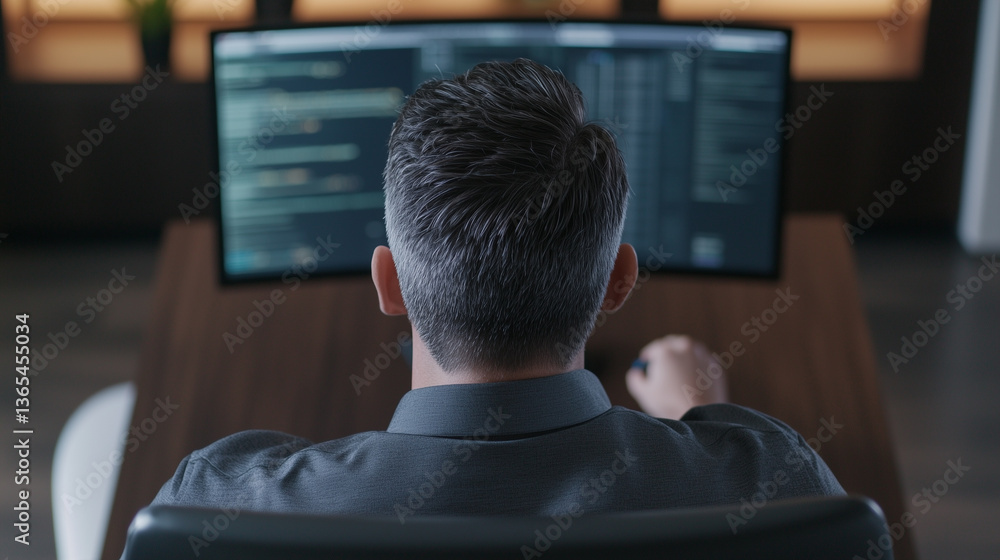 Poster man sits at desk working on computer with dual monitors, focused on coding