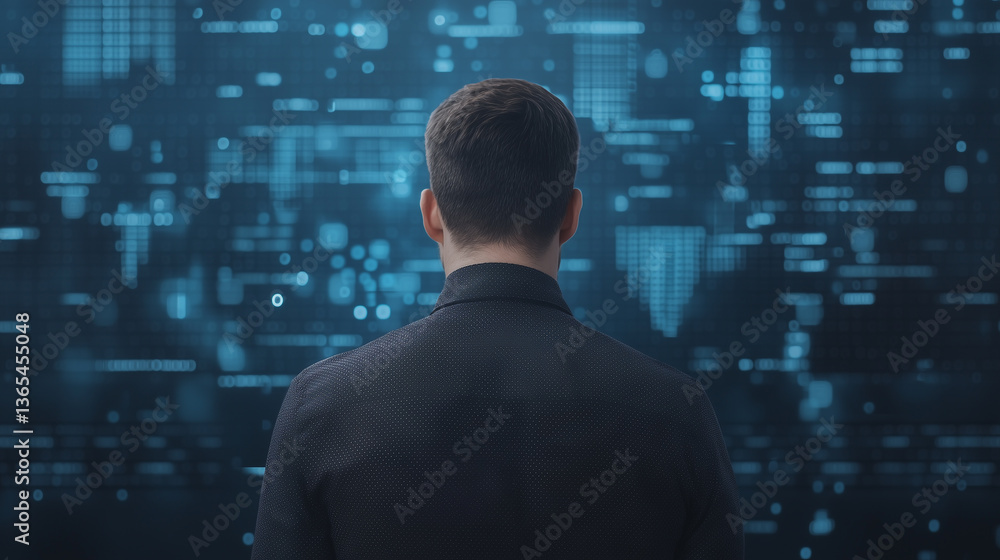 Poster man stands facing digital screen filled with data, creating futuristic atmosphere