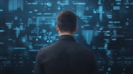 man stands facing digital screen filled with data, creating futuristic atmosphere