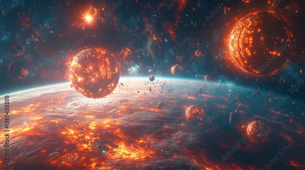 Poster intriguing space station positioned near a large asteroid in a cyberpunk setting evoking ancient cos
