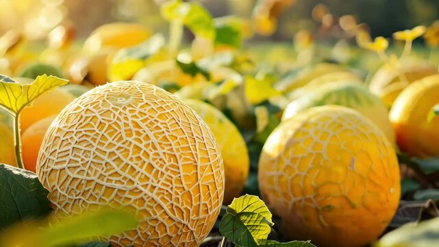 Yellow melons ripening in a sunny field