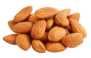Almond nut seeds  isolated on white background. Whole brown peeled almond nuts  pile. Almonds  Package design element.
