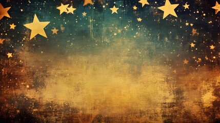 A textured background in dark blues and browns adorned with a scattering of stars and sparkling specks