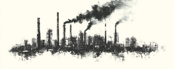 Obraz premium : Monochrome industrial drawing showing a complex factory with multiple smokestacks releasing dark smoke into the sky, surrounded by various tanks, towers and processing units