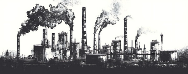 Obraz premium : Monochrome industrial drawing showing a complex factory with multiple smokestacks releasing dark smoke into the sky, surrounded by various tanks, towers and processing units