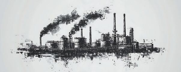 : Monochrome industrial drawing showing a complex factory with multiple smokestacks releasing dark smoke into the sky, surrounded by various tanks, towers and processing units
