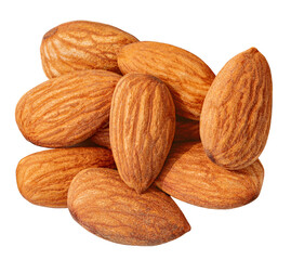 Almonds isolated on white background. Whole brown peeled almond nuts  pile. Almonds  Top view. Flat lay. Package design element.