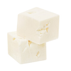 Feta cheese isolated. Greek fitaki cheese pieces on white background. Vegan Feta chunk Top view.  Package design element.