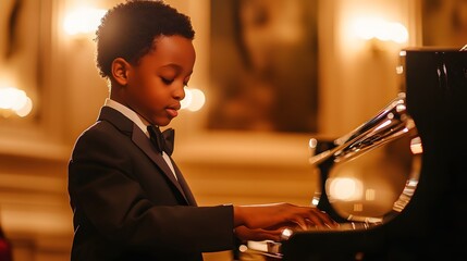 A young pianist in a tuxedo plays with deep focus, bathed in warm golden light