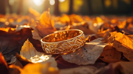 A gold floral bracelet rests amidst fallen autumn leaves illuminated by warm sunlight