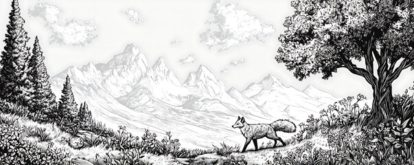 Obraz premium Black and white illustration of a fox walking through a mountain valley filled with wildflowers, pine trees, rocky slopes, and distant peaks under a partly cloudy sky