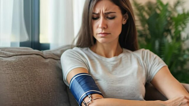 A woman sits on her couch, checking her high blood pressure and heart rate with a digital monitor. She also checks her pulse at home, focusing on her health and wellness.