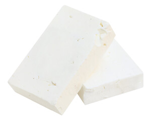 Feta cheese isolated. Greek fitaki cheese pieces on white background. Vegan Feta chunk Top view.  Package design element.