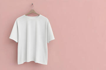 Simple white cotton T-shirt hanging on wooden hanger against a soft pink wall, minimalist fashion mockup ideal for design or branding.