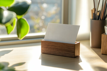 Blank card in a wooden box near a sunlit window and green plant. Minimal office workspace concept for branding, communication, and design mockups.