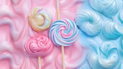 Colorful lollipops with swirling patterns in pink, blue, and yellow arranged on a textured surface