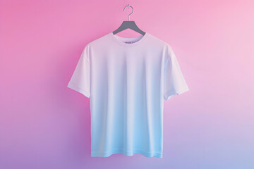 Plain white T-shirt hanging on hook with modern pink-blue gradient background, stylish mockup for clothing design and minimalist branding visuals.