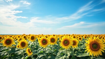 Fototapeta premium Expansive sunflower field under a clear blue sky with delicate cloud formations