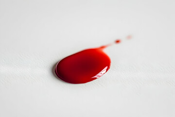 Close-up of red liquid drop on white paper surface, perfect for concepts like art, creativity, ink, or symbolic abstract emotions.