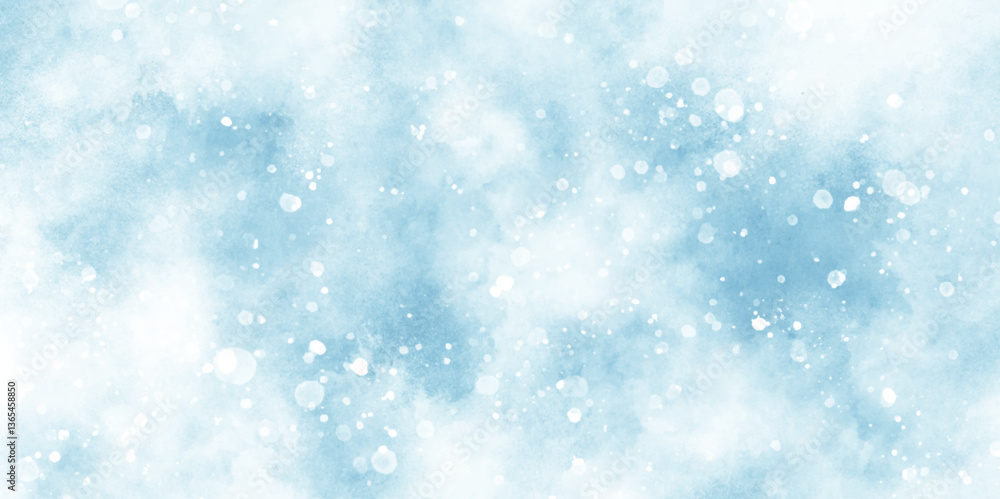 Wall mural shiny and glowing abstract snow is falling on cloudy background, light blue bokeh background for des
