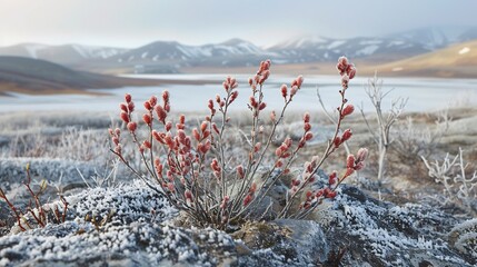 Conservation of Arctic Willow Salix arctica Hardy Dwarf Shrub of Tundra Depict low growing Arctic Willow spreading across icy terrain tiny leaf red catkin adapted extreme cold conservationist document