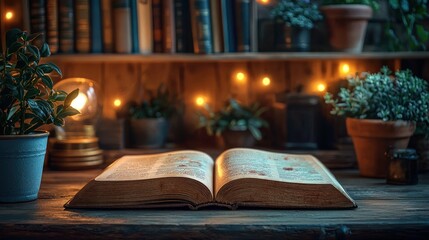 Open book on wooden table, cozy library setting, warm lights, plants