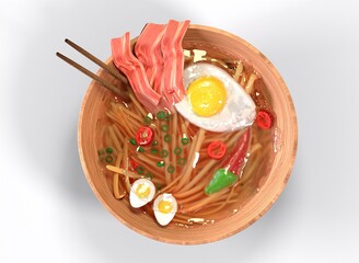 a plate of ramen on a white background 3d-rendering