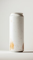Tall can mockup with a blank white label and splatter design for beverage branding