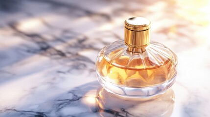 A luxurious glass perfume bottle with gold accents, placed on a marble surface with soft lighting.