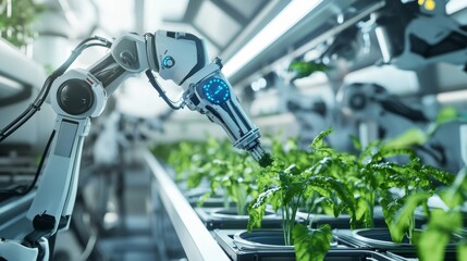 An AI powered futuristic space farming station with robotic arms tending to genetically engineered crops in zero gravity, Extraterrestrial agriculture style, photo of