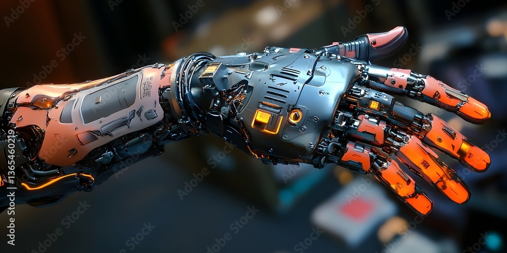 Poster futuristic robotic hand with intricate mechanical design, showcasing advanced technology in a worksh