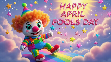 Naklejka premium A cute clown in a rainbow outfit stands on a rainbow amidst clouds and stars, with “HAPPY APRIL FOOLS’ DAY” text.