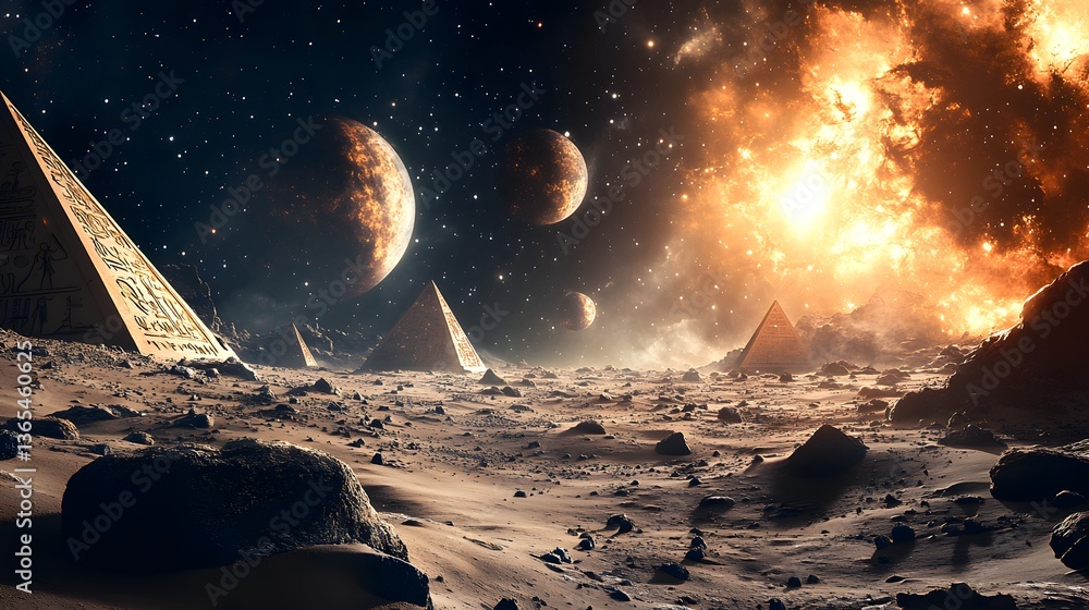Poster captivating space scene depicting distant planets and stars in a dreamlike cosmic background of anci
