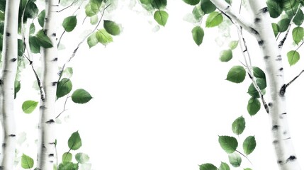 Obraz premium A group of birch trees with white bark and green leaves, text space.