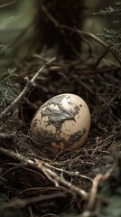 Single bird egg in a natural nest surrounded by twigs and greenery