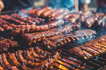 A vibrant barbecue scene featuring grilled ribs sizzling over an open flame, showcasing a delicious feast ready to be enjoyed.