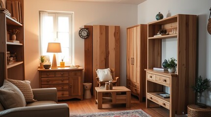 DIY furniture in a cozy living room with natural wood accents  