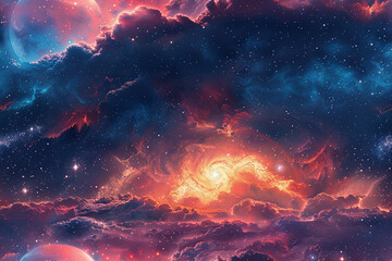 Obraz premium Colorful seamless pattern of swirling galaxies and cosmic clouds in a starry universe