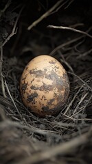 Obraz premium Brown speckled egg nestled in natural habitat amongst twigs and grass