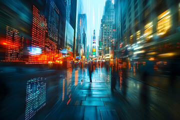 Vibrant blurred motion of city lights and people walking at night, symbolizing modern futuristic urban life and digital fast-paced energy.
