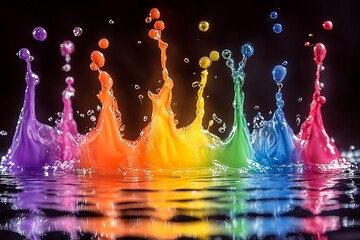 Colorful water splashing and creating a rainbow effect on surface