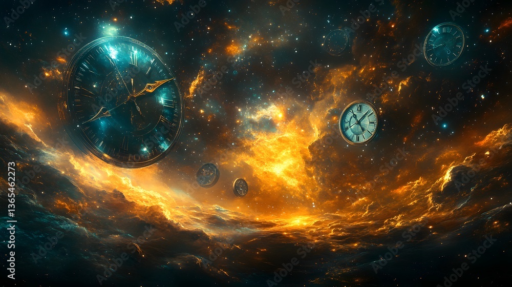 Poster floating clock in a magical space setting surrounded by cosmic elements creating a dreamlike celesti