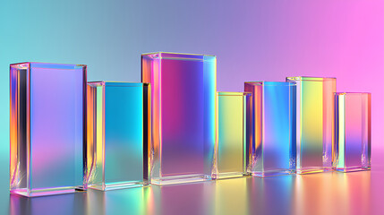 3d abstract glass square shapes in row. Iridescent crystal transparent plates, flying rainbow panels with holographic gradient, dispersion light for ui design, digital tech background