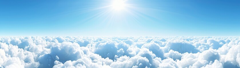 Fototapeta premium A bright blue sky filled with fluffy white clouds, illuminated by sunlight, creating a serene and tranquil atmosphere.