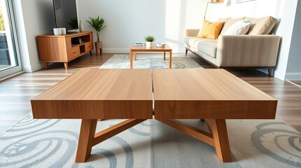 DIY furniture - Modern wooden coffee table in a bright living room  