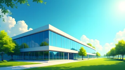 Obraz premium Modern Office Building with Glass Facade, Sunny Sky and Lush Green Trees, Minimalistic Geometric Architecture