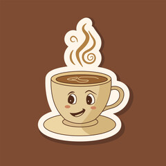 Obraz premium Smiling Coffee Cup Cartoon Illustration with Steam on Brown Background
